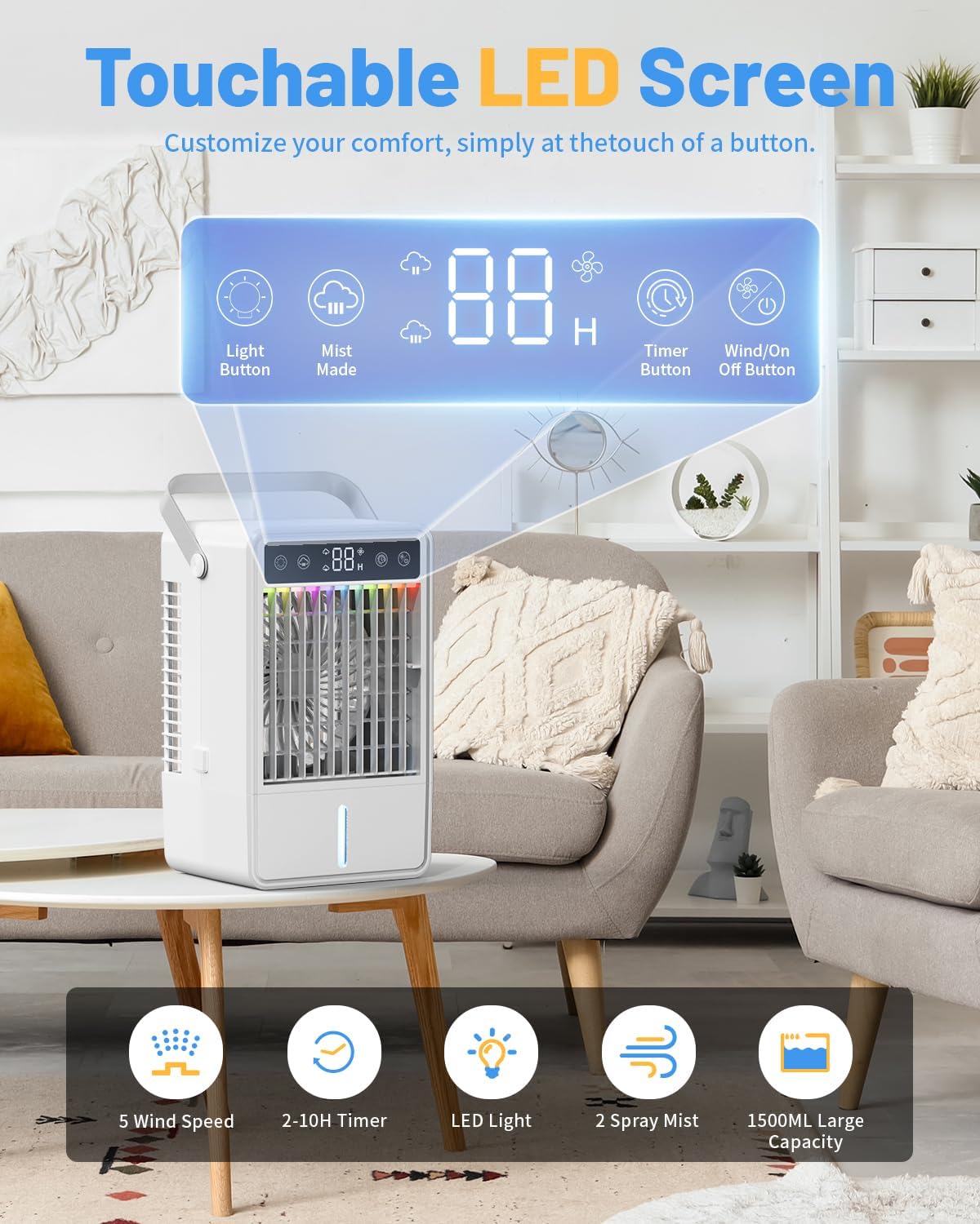 portable air conditioners, 4-in-1 evaporative air cooler, portable, close-up detail