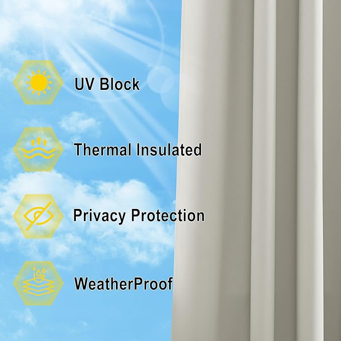 NICETOWN 2 Panels Natural Outdoor Patio Curtainss Waterproof, Detachable Sticky Tab Top Thermal Insulated Privacy Indoor Outdoor Drapes Cold & Heat Block Room Darkening for Pergola, W52 x L84