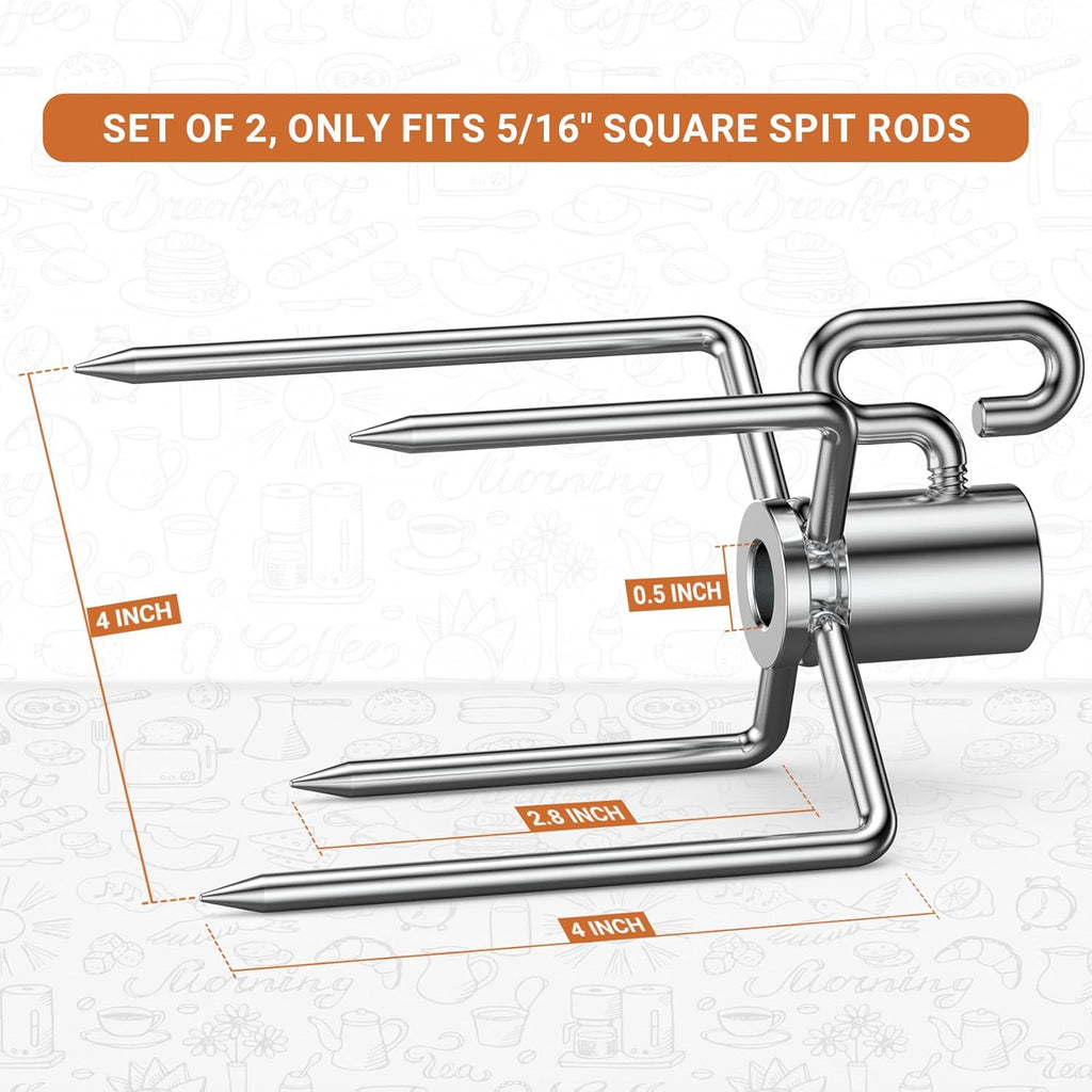 onlyfire 6008 Stainless Steel Rotisserie Meat Forks for Grills, 1 Pair | Only Fits 5/16" Square Spit Rods