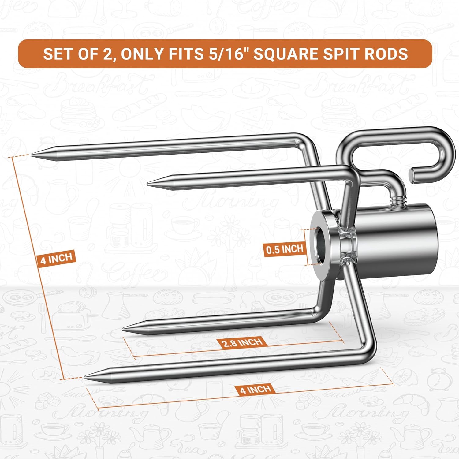 onlyfire 6008 Stainless Steel Rotisserie Meat Forks for Grills, 1 Pair | Only Fits 5/16" Square Spit Rods
