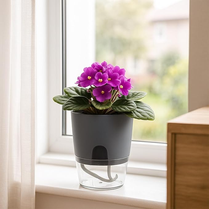12 Pack Self Watering Pots for Indoor Plants, PlanterHoma 3.2 Inch Plant Pot Plastic Self Watering Planter for Orchid, African Violet, Mini Clear Flower Pots with Drainage Holes and Wicking Rope, Grey
