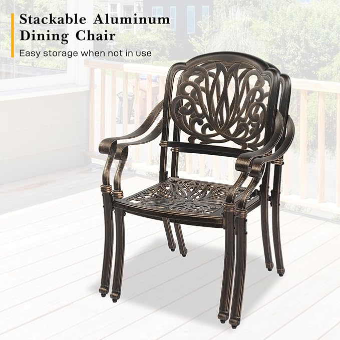 VINGLI 5 Pieces Outdoor Patio Dining Set, Cast Aluminium Patio Furniture Set with 4 Chairs and 1 Umbrella Table for Yard, Garden, Porch and Poolside, Bronze