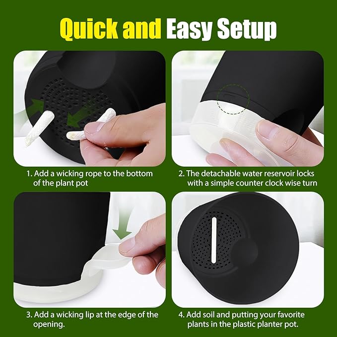 Plant Pots 5 Inch Self Watering Pots,6 Pack Plastic Planters with Drainage Holes and Clear Saucers,Plastic Flower Pots,Nursery Planting Pot for Indoor Out Door Plants (Black)