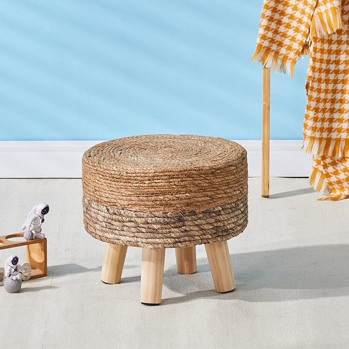 Cpintltr Ottoman Outdoor Sea Grass Stool Poufs Hand Woven Round Foot Stool for Sofa Desk Soft Step Stool Padded Foot Rest Multiple Colors Decorative Furniture Natural/Brown