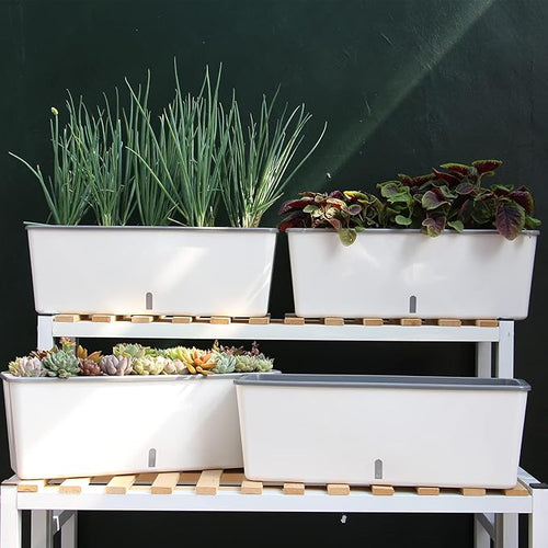 2 Pack Rectangular Planter 17 x 4.5 in Self Watering Planter Window Sill Planters Indoor Rectangle Planter Self Watering Pots Plastic Plant pots with Drainage Holes White Flower Pot Indoor