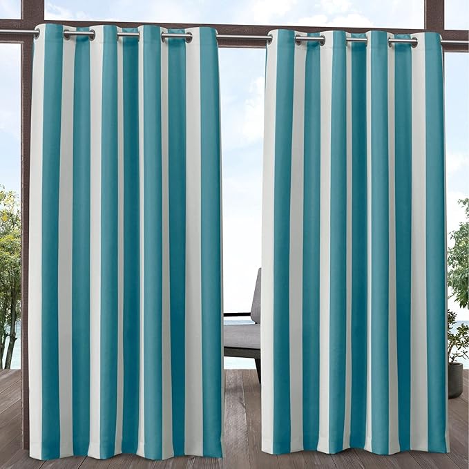 Exclusive Home Canopy Stripe Indoor/Outdoor Grommet Top Curtain Panel, 54"x96", Teal / White, Set of 2