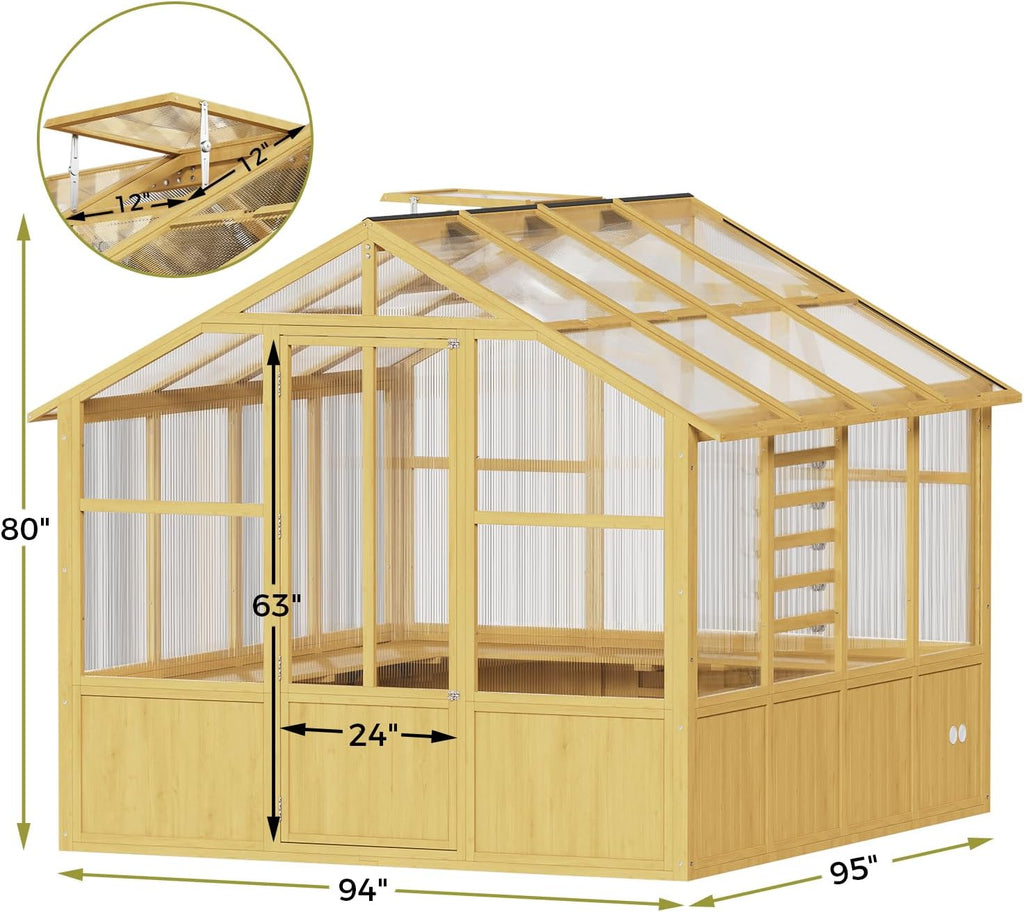 lynslim 8 x 8 ft outdoor wooden greenhouse, front angle view