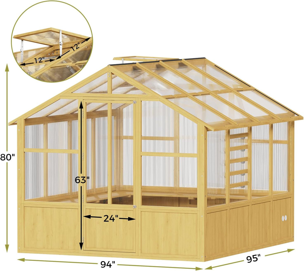lynslim 8 x 8 ft outdoor wooden greenhouse, front angle view