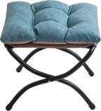 15" Foldable Foot Stool Ottoman with Metal Frame - Washable Blue Upholstered Indoor/Outdoor Footrest for Living Room, Bedroom, Patio - Space-Saving Compact Design