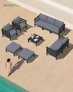 SERWALL HDPE Patio Furniture Set, 10 Pieces Outdoor Sectional Sofa Set, All-Weather Wood-Like Outdoor Sofa Couch with Coffee Table for Deck, Lawn, Black Frame with Grey Cushion