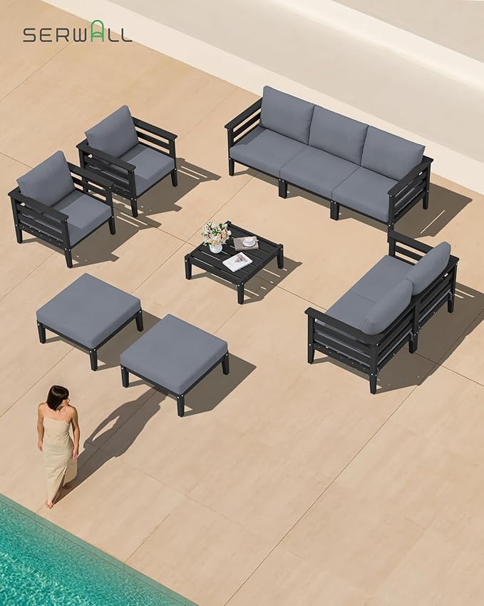 SERWALL HDPE Patio Furniture Set, 4 Pieces Outdoor Sectional Sofa Set, All-Weather Wood-Like Outdoor Sofa Couch with Coffee Table for Deck, Lawn, Black Frame with Grey Cushion