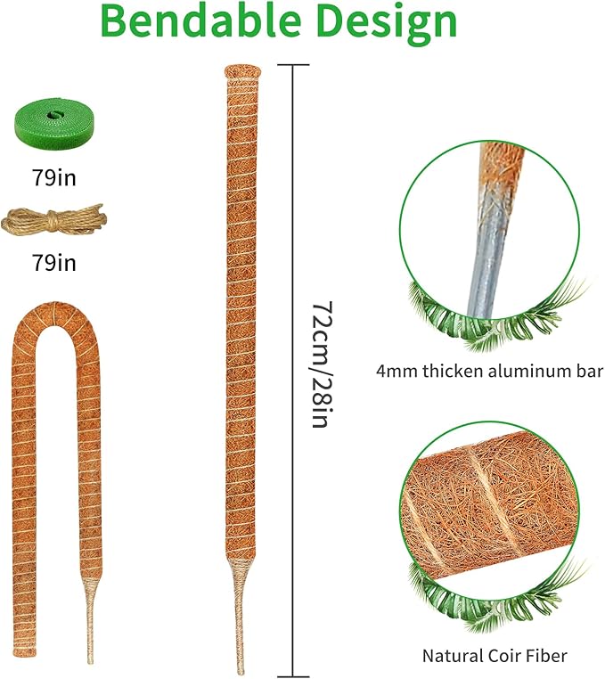 4 Pack 28 Inch Moss Pole Monstera Plant Support, Coir Moss Poles for Climbing Indoor Plants, Bendable Plant Stake Trellis for Potted Plant, Pothos, Philodendron