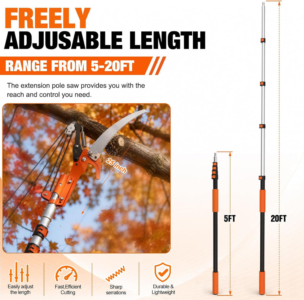 LAANPOLE 26FT Reach Tree Trimmer, Manual Pole Saw with 5-20FT Extension Pole, Tree Pruner Extendable for High Tree Branch Trimming Pruning Cutting