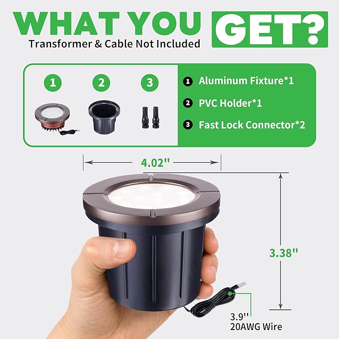 Low Voltage Well Lights LED, Bright 12V Landscape Lights Outdoor IP67 Waterproof, 4" Wired in-Grade Uplights Aluminum ORB for Path Yard 6W 580LM 10 Pack