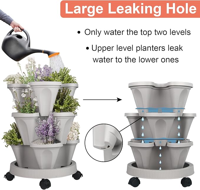 DUNCHATY Stackable Planter, Vertical Garden Planter with Wheels and Tools, Self Watering Strawberry Planter Indoor/Outdoor 3 Tier Herb Planter Pots for Growing Vegetables and Succulents,Gray