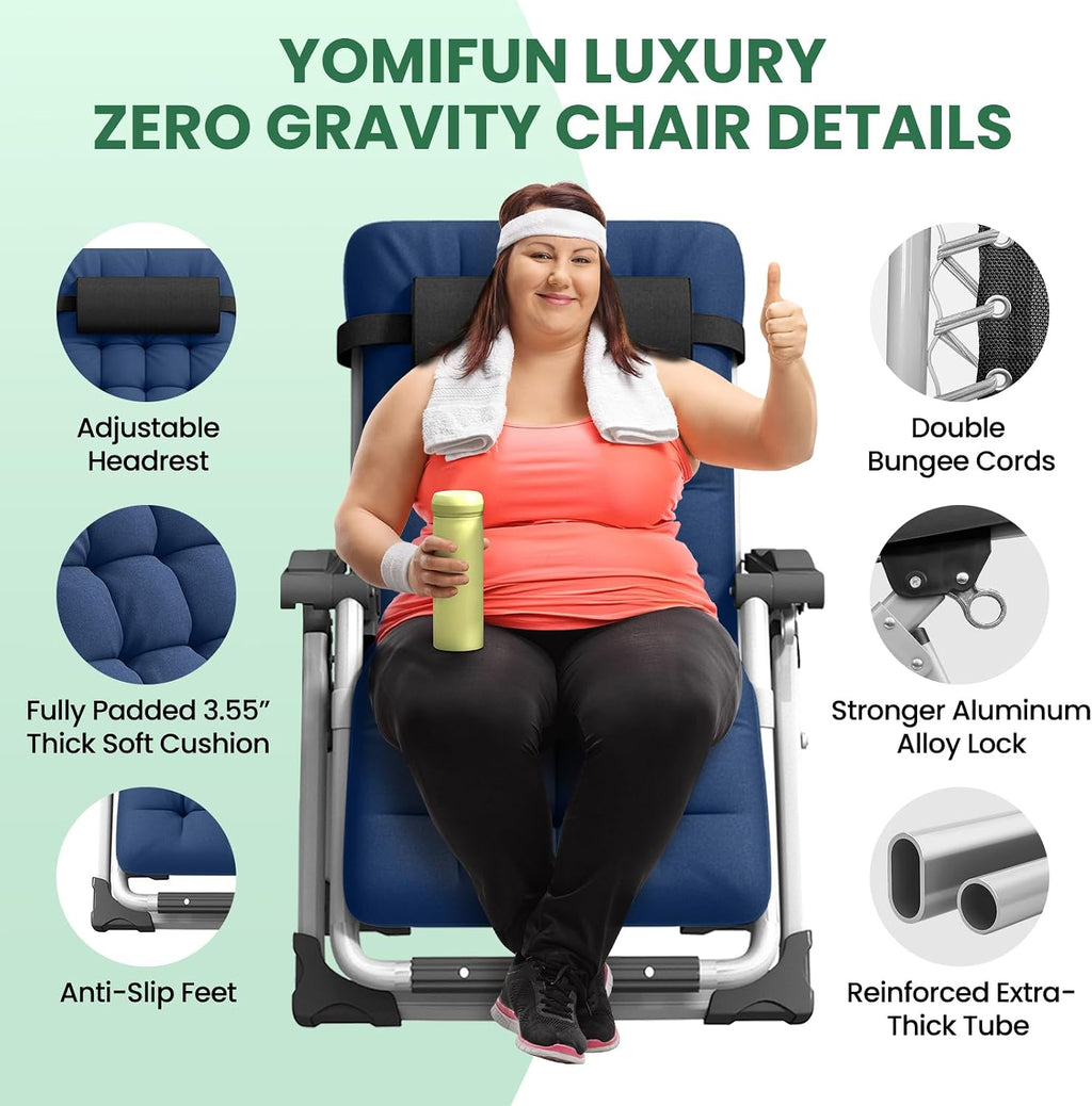 Oversized Zero Gravity Chair with Storage Bag,29" XL Lounge Chair with Thickened Cushion & Headrest, Patio Lawn Chair with Footrest & Cup Holder for Indoor & Outdoor, Supports 450LBS, Blue