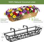 HFHOME 4 Pcs 30" Window Box Deck Railing Planter with Horse Trough Coco Liners, Black Metal Hanging Flower Planters Baskets for Indoor, Outdoor, Balcony, Porch, Fence, Patio, and Lawn