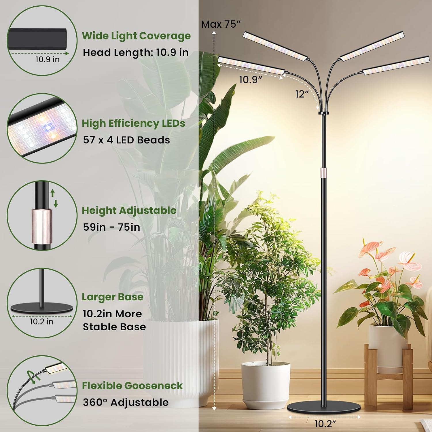 LBW Grow Lights for Indoor Plants, 75" Tall Full Spectrum Plant Grow Light | 228 LEDs Full Spectrum Grow Light with Stand, 6/8/12/16H Timer, 3 Color Modes, 360°Flexible Gooseneck, 4 Heads, Black