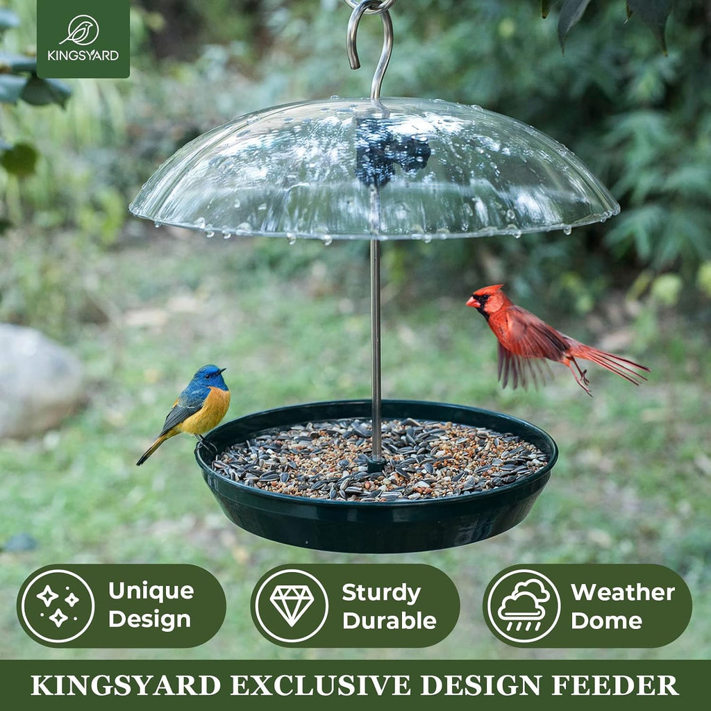 Kingsyard Platform Bird Feeder with Adjustable Dome for Outdoors Hanging | Metal Tray, Adjustable Dome, Adjustable Bird Access, Rain-Resistant, Drainage Holes, Seed & Mealworm Feeder, Green, 2 Pack