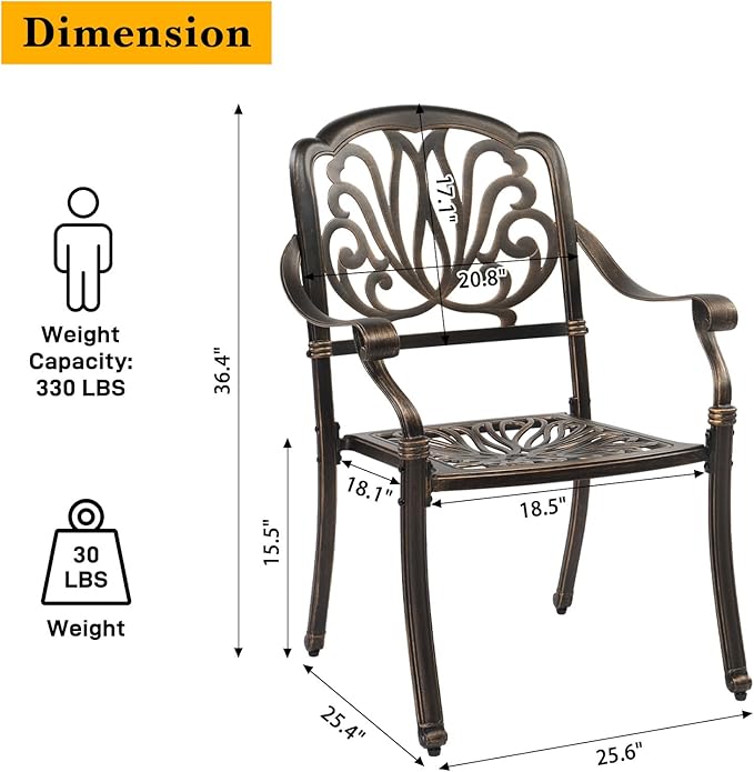 VINGLI 5 Pieces Outdoor Patio Dining Set, Cast Aluminium Patio Furniture Set with 4 Chairs and 1 Umbrella Table for Yard, Garden, Porch and Poolside, Bronze