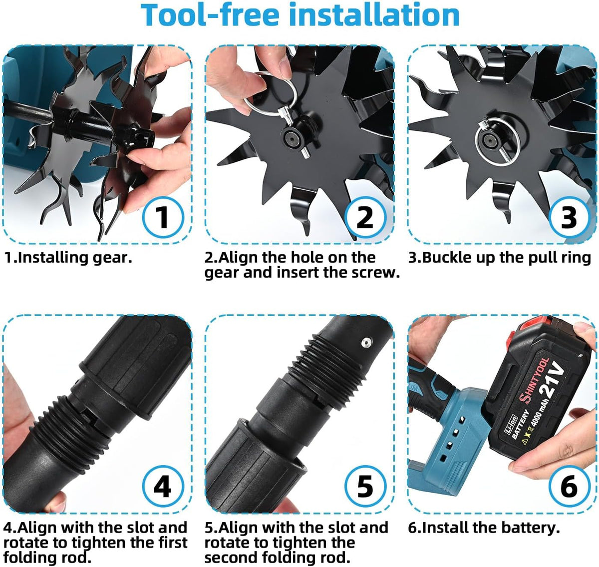 21v cordless tiller cultivator with 4.0 ah battery, view 9