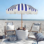 AMMSUN Boho Fringe Umbrella Outdoor Patio, 6.5ft UPF50+ Picnic Umbrella with Tassels with Steel Pole and Push Button Tilt, Navy Stripe