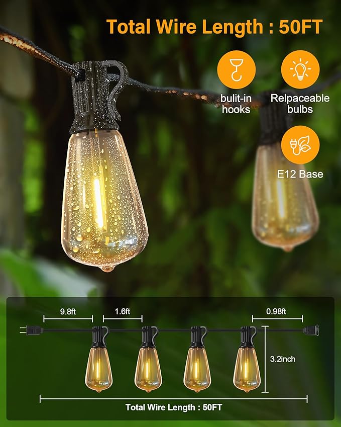 Outdoor String Lights Waterproof, 100FT (50FT 2Pack) Patio Lights Outdoor with 54 ST38 Edison Bulbs (4 Sqare), Hanging Lights with Plug in Cord for Porch, Backyard, Bistro, Garden, 2700K