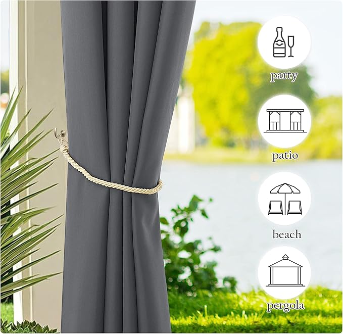 NICETOWN Canvas Outdoor Curtains Extra Wide for Patio Waterproof, Rustproof Grommet Outside Vertical Drapes for Gazebo & Porch & Cabana, W100 x L84, Dark Grey, 2 Panels