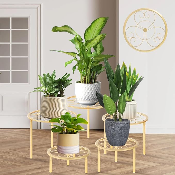 5-piece set of metal plant potted flower racks, heavy-duty flower pot plant racks of different sizes, iron flower racks, suitable for indoor and outdoor home decoration (Black) (5, Gold)