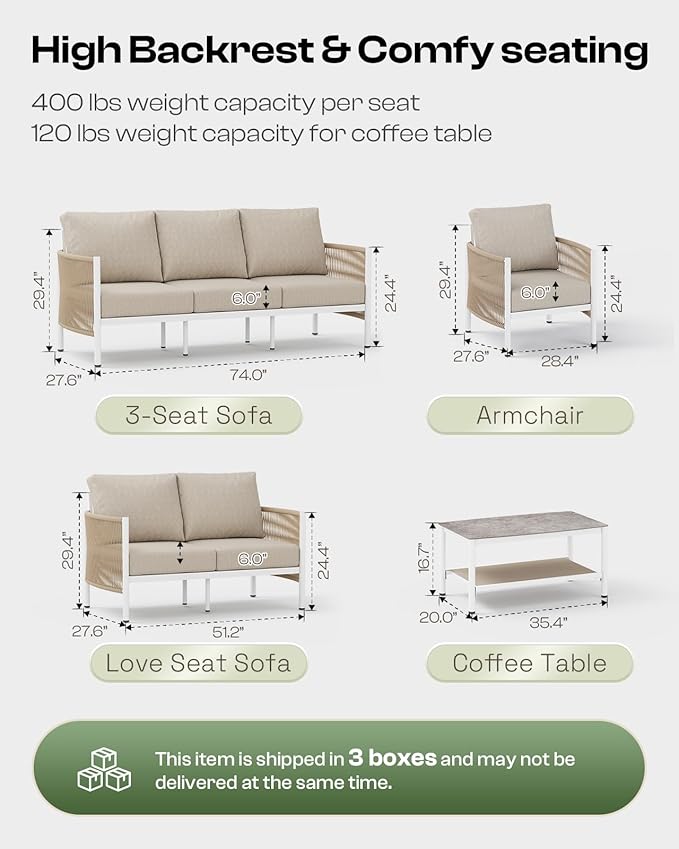 Aluminum Outdoor Patio Furniture Set with Dual-Layer Coffee Table, 4 Piece Modern Patio Conversation Sets with PE Rope, Outdoor Sectional Sofa with Thick Cushions for Balcony, Porch, Ivory