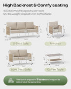 Aluminum Outdoor Patio Furniture Set with Dual-Layer Coffee Table, 4 Piece Modern Patio Conversation Sets with PE Rope, Outdoor Sectional Sofa with Thick Cushions for Balcony, Porch, Ivory