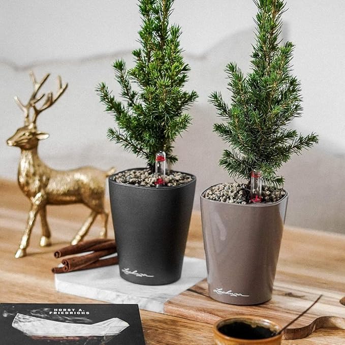 Lechuza MINI-DELTINI Shiny Taupe High Gloss, Self-Watering Small Indoor Planter, H5.1 L3.9 W3.9 in