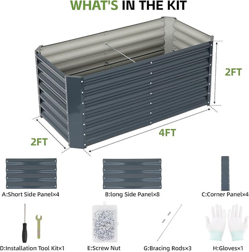4x2x2ft Raised Garden Bed - Galvanized Deep Root Planter Boxes Outdoor with Wing Nuts and Safety Edges for Gardening Vegetables, Flowers, Herbs, Succulents - Gray