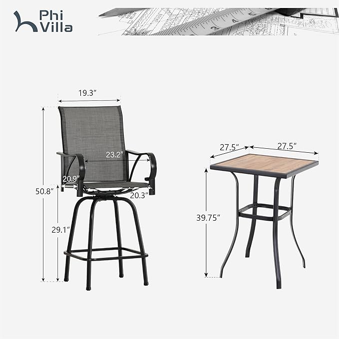 PHI VILLA Outdoor Patio Swivel Bar Set of 3, Textilene Furniture Bistro Set with 2 Bar Stools and Square Patio Bar Table for Garden Lawn Yard