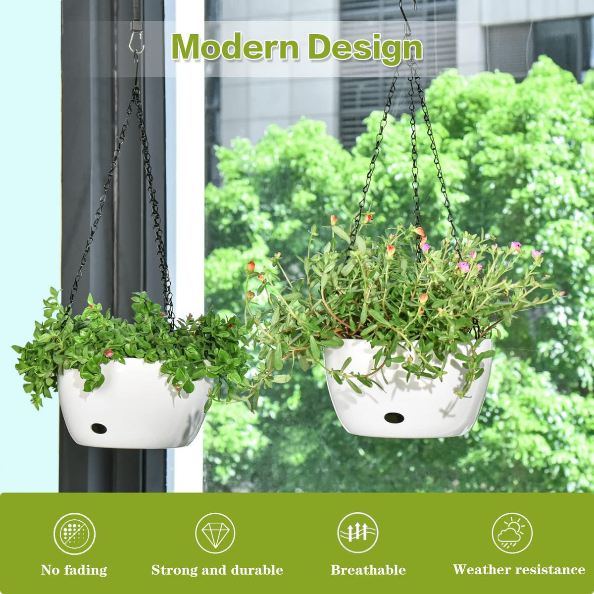 sungmor self watering hanging planter for indoor plants shown in use