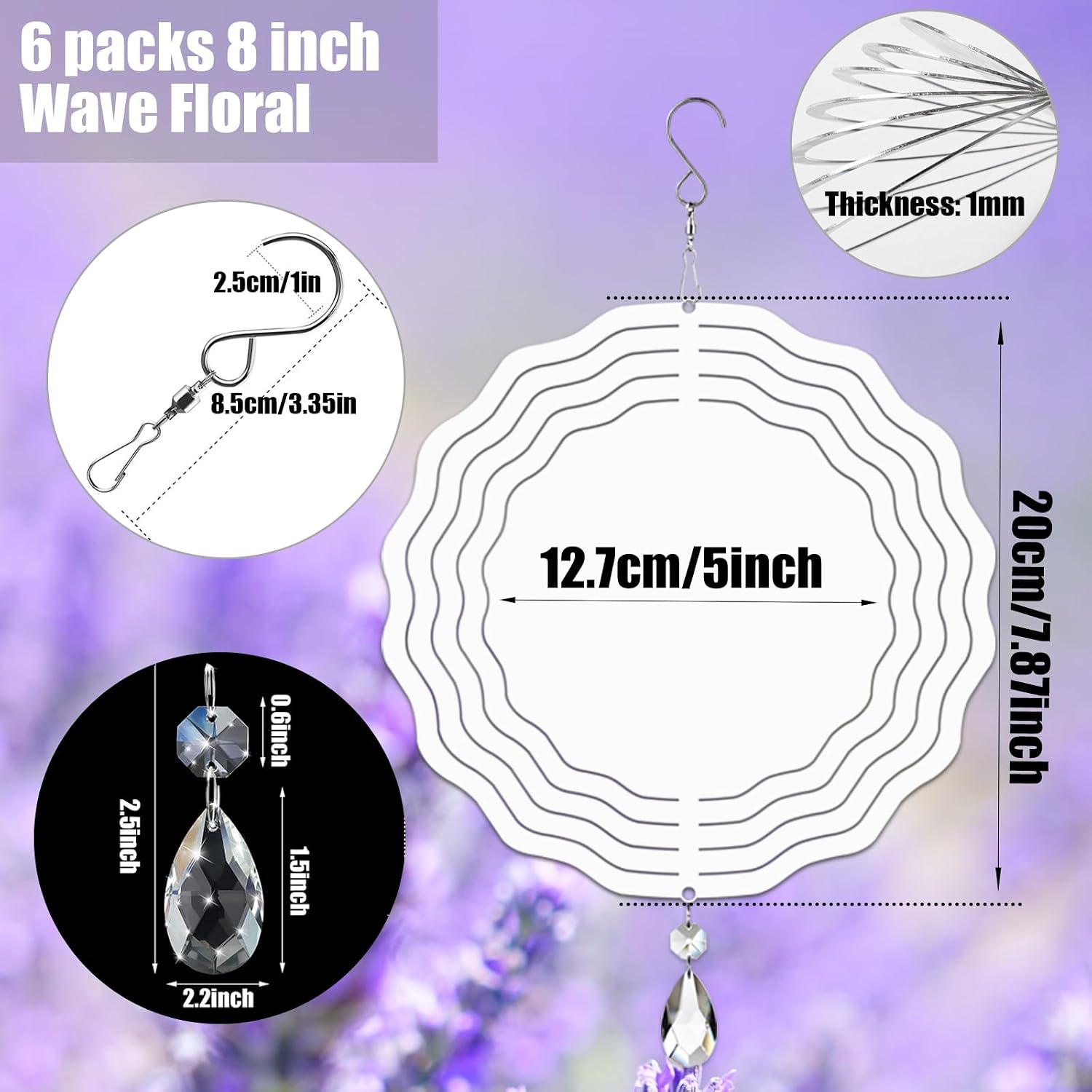 6 Pack 8inch Sublimation Wind Spinner Blanks 3D Aluminum Metal Wind Sculpture Kinetic Spinners for Yard and Garden Indoor Art Ornaments Hanging Decoration (Wave Floral)