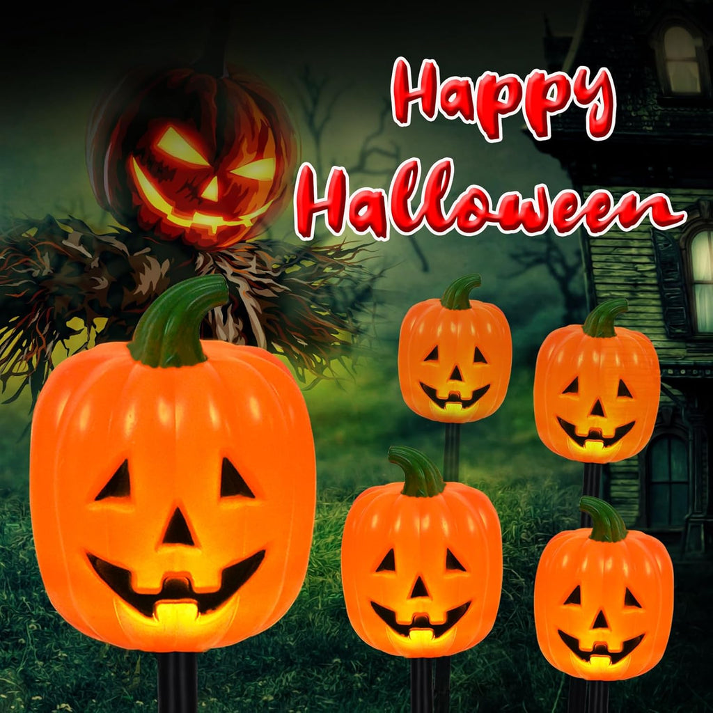 BRIGHTDECK Halloween Solar Pathway Lights Outdoor, LED Decor, Light Up Solar Stake Lights for Holiday, Halloween, Walkway, Sidewalk (Long Pumpkin, 20-Pack)