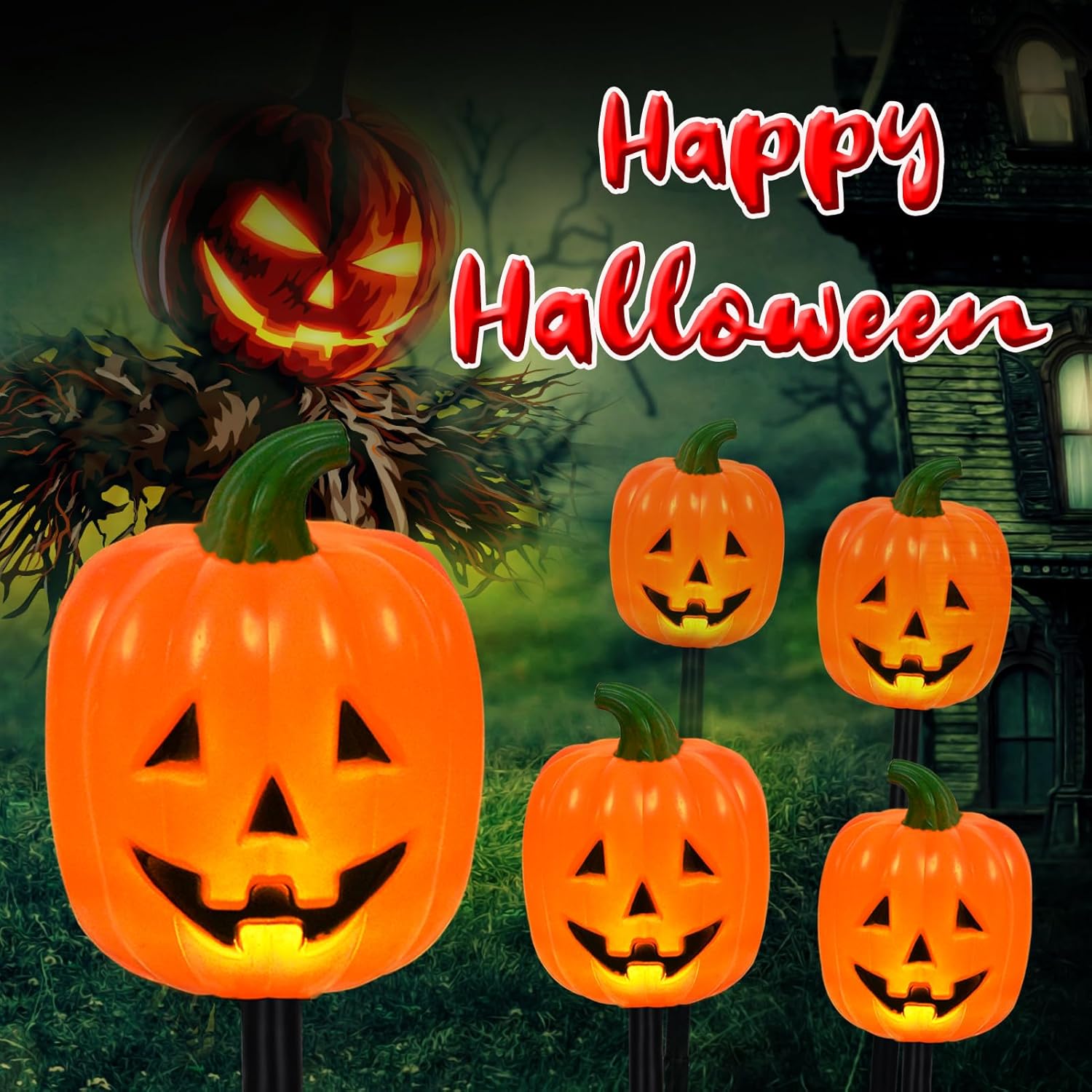 BRIGHTDECK Halloween Solar Pathway Lights Outdoor, LED Decor, Light Up Solar Stake Lights for Holiday, Halloween, Walkway, Sidewalk (Long Pumpkin, 20-Pack)