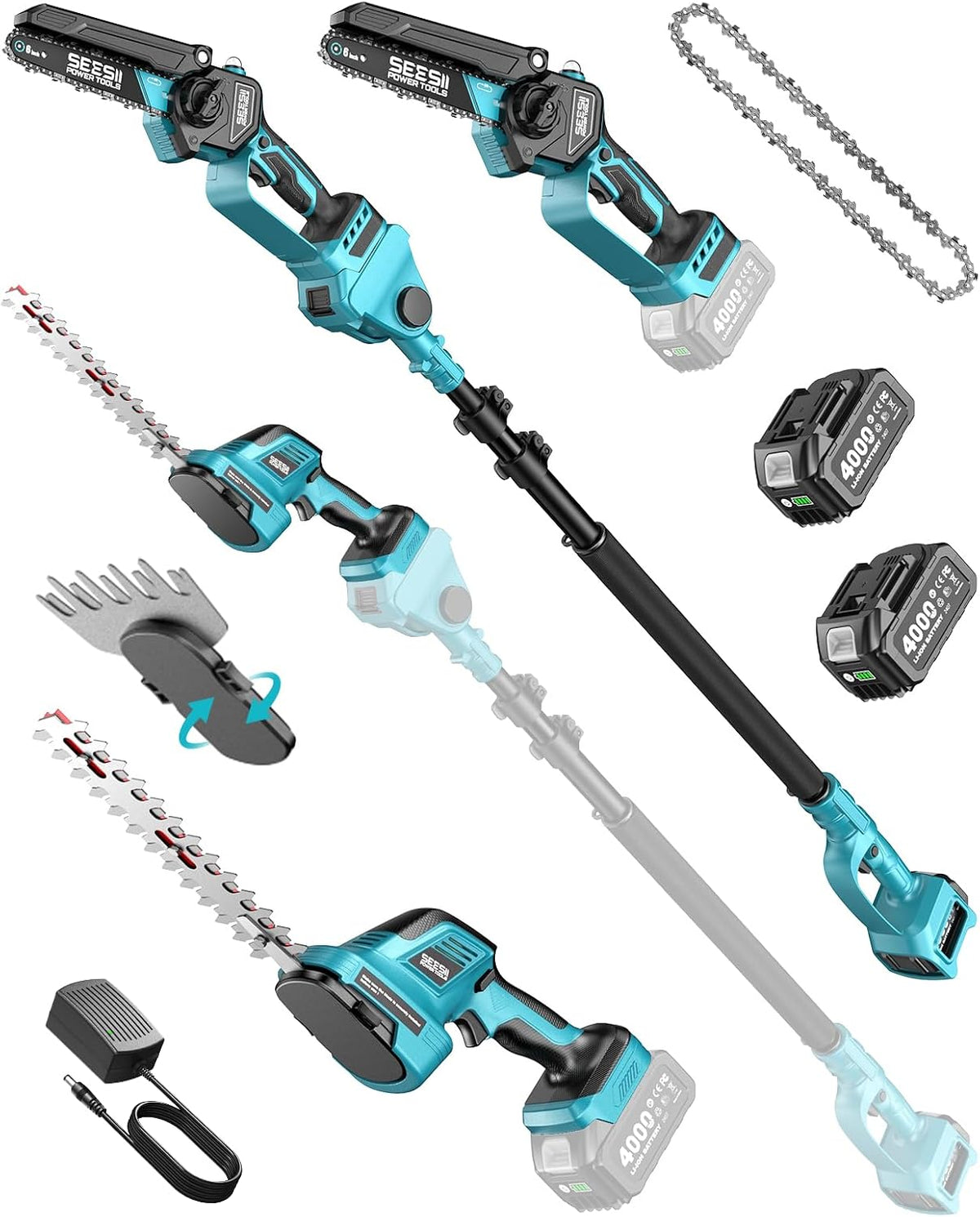 seesii 6-in-1 cordless pole saw & hedge trimmer, main product view