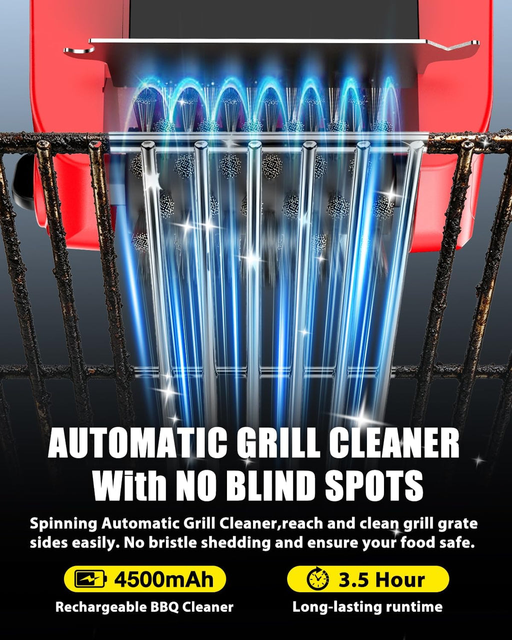 Electric BBQ Grill Brush, 800RPM Automatic Grill Cleaner for Outdoor Grill with 2-Speed & 20kg Torque–4500mAh Battery,LED Light for Night, No Bristle Drop Safe for Cast Iron Stainless,Gift for Men Dad