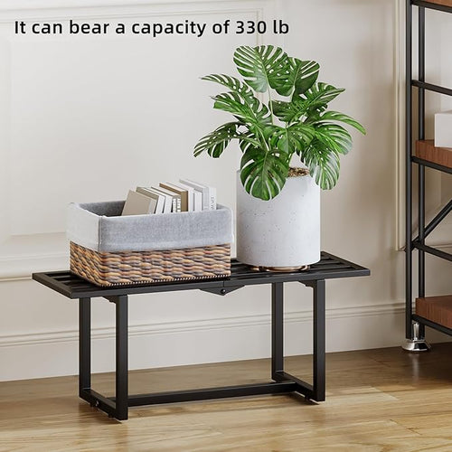 2 Pack Metal Plant Stand, Foldable Heavy Duty Indoor, Window Iron Plant Shelf - Mid Century Modern Slatted Bench for Patio, Garden, Living Room Load Bearing 330 lbs 26" L x 10.4" H x 8.6" W 1 Tier Black
