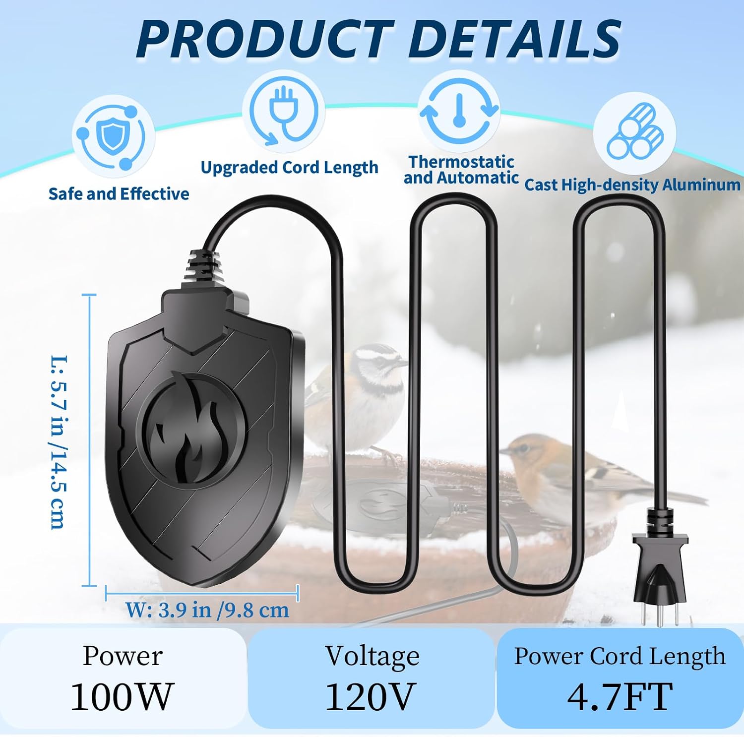 Bird Bath Heater for Outdoors in Winter, 100W Birdbath Water Heater Submersible for Winter Full-Covered Aluminum, Heated Bird Bath Deicer Thermostatic Control for Yard Patio Small Pond(Black)