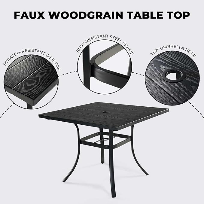 Grand patio 5-Piece Outdoor Dining Set, 4 Leather-Look Wicker Swivel Patio Chairs & 1 Square Dining Table, Black
