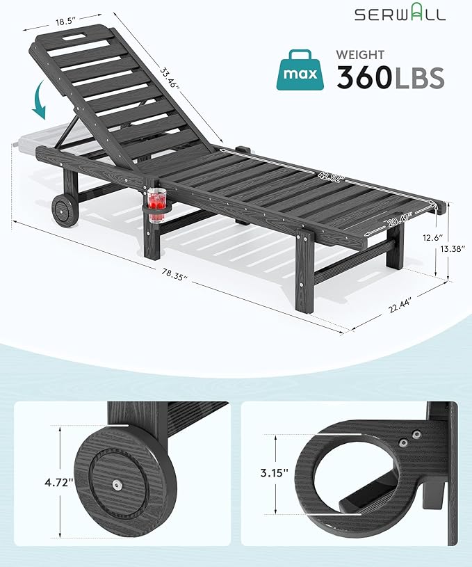 SERWALL Outdoor Chaise Lounge Set of 6, HDPE Pool Lounge Chair with 5-Position Adjustable Backrest, Patio Lounger with Rolling Wheels & Cup Holder for Pool, Grey
