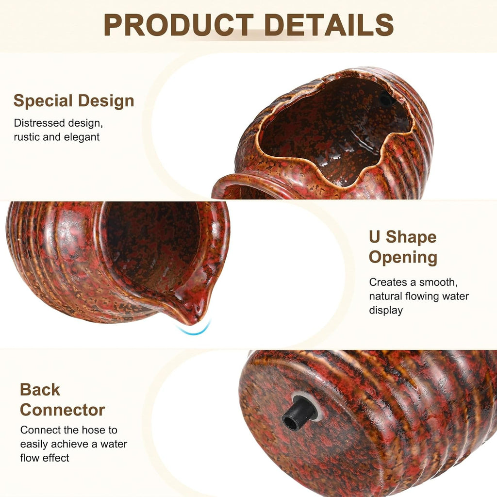M METERXITY Ceramic Garden Fountain Spitter, Clay Pot Ecological Tank for Pond/Backyard Water Feature/Cave Waterfall/Landscaping, DIY Water Flow Jar Hydroponic Vase [5.5in, Iridescent Red]