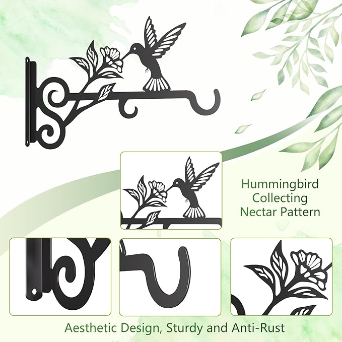 4-Pack Aesthetic Plant Hangers Outdoor – 10 Inch Metal Hanging Plant Bracket with Beautiful Hummingbird Pattern – Anti Rust Plant Hooks for Hanging Plants, Bird Feeder, Windchime, Lantern