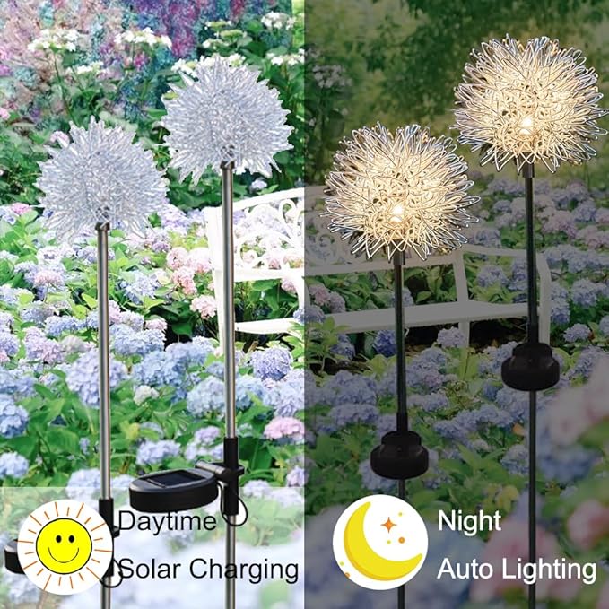 GUOCHENG Dandelion Solar Garden Lights Waterproof Outdoor LED Landscape Lights, Solar Flower Lights for Courtyard Pathway Flowerbed Patio Lawn Décor(2Pcs)