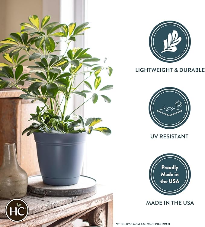 The HC Companies Eclipse Round Planter with Saucer - Outdoor & Indoor Plant Pot with Drainage Holes - Lightweight, UV-Resistant Plastic Pots for Plants, Flowers & Herbs (8" Clay, Pack of 1)