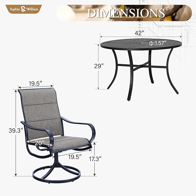 Sophia & William Patio Sets 5 Pieces Patio Dining Set for 4, Textilene Swivel Dining Chairs Padded with Round Metal Dining Table Outdoor Dining Furniture All Weather Textilene for Garden Porch