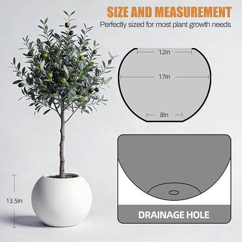 13.5 H x 17" Dia (12" Pot Opening) Round Fiberstone Planter with Drainage Hole, Durable Garden Flower Pots, White, Resistant for Indoor and Outdoor, Planters for Large Plants pot for Home Decor Patio